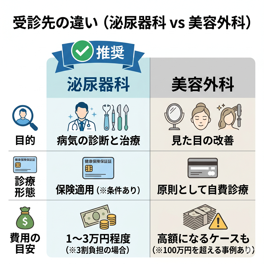 泌尿器科と美容外科の違いを比較した表。目的、保険適用の有無、費用の目安の違い